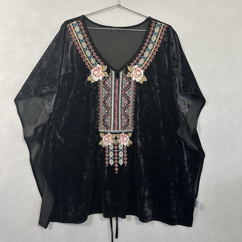 Andree By Unit Crushed Velvet Popover Tunic‎ Black Embroidered Women's Large